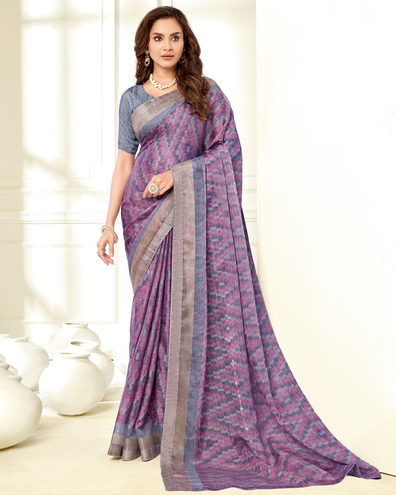 Vishal Prints Deep Magenta Ikkat Digital Print Saree With Diamond Work And Core Piping
