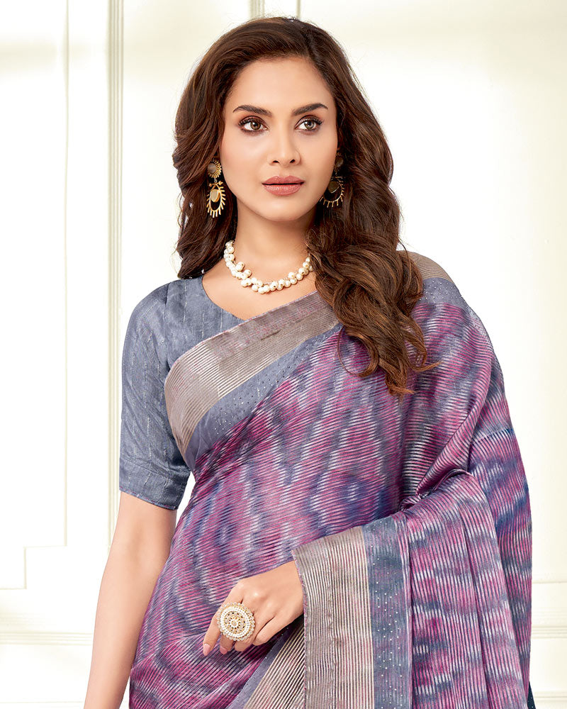Vishal Prints Deep Magenta Ikkat Digital Print Saree With Diamond Work And Core Piping