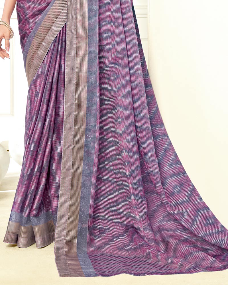 Vishal Prints Deep Magenta Ikkat Digital Print Saree With Diamond Work And Core Piping