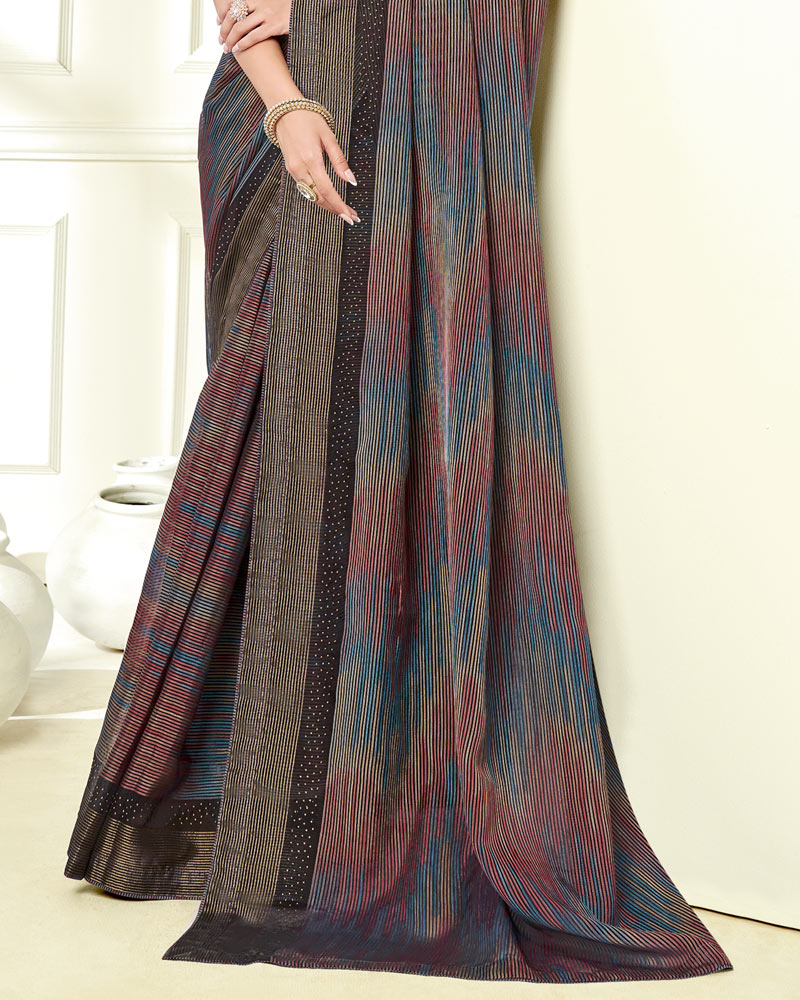 Vishal Prints Black Ikkat Digital Print Saree With Diamond Work And Core Piping