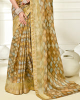 Vishal Prints Fawn Ikkat Digital Print Saree With Diamond Work And Core Piping