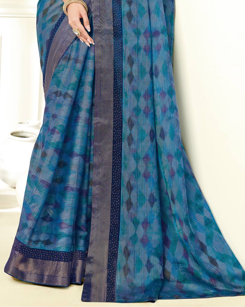 Vishal Prints Ink Blue Ikkat Digital Print Saree With Diamond Work And Core Piping