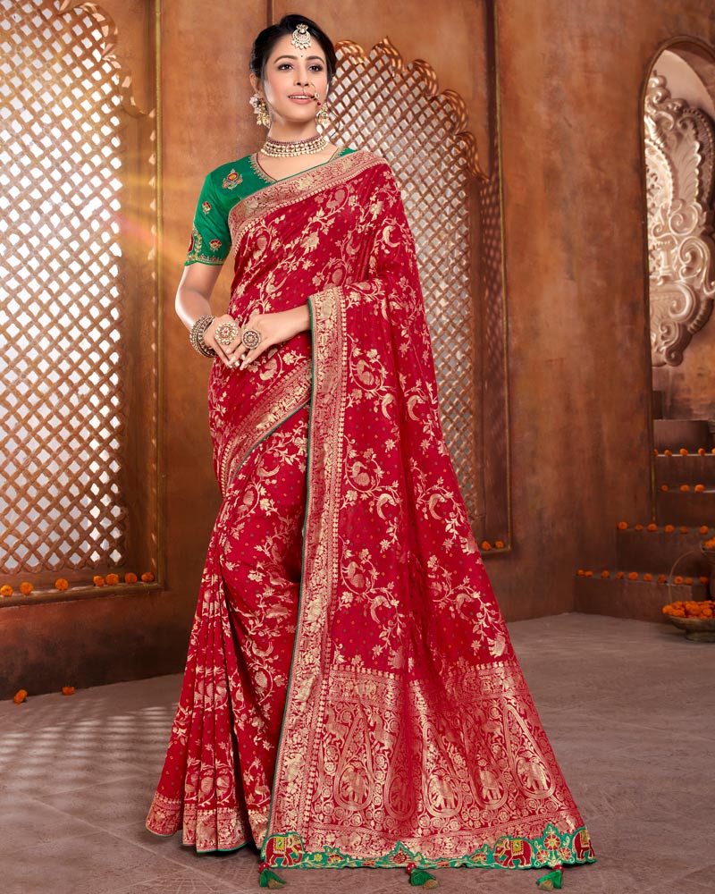 Vishal Prints Dark Red Silk Weaving Saree With Zari Border And Tassel