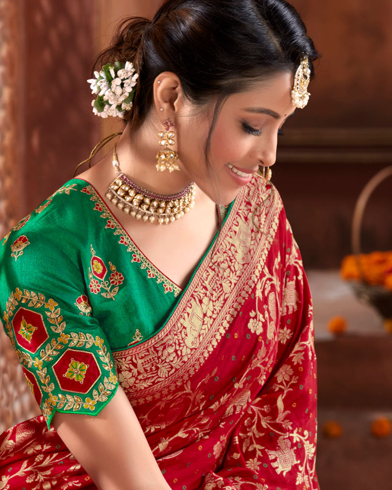 Vishal Prints Dark Red Silk Weaving Saree With Zari Border And Tassel