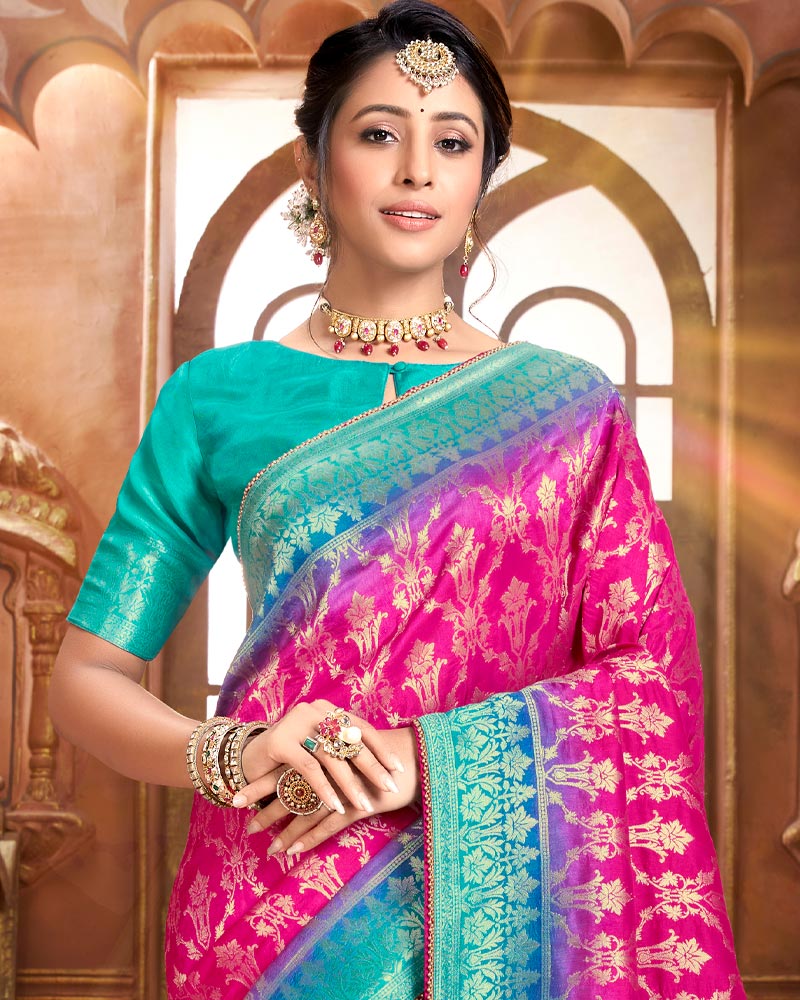 Vishal Prints Hot Pink And Turquoise Silk Weaving Saree With Zari Border And Tassel