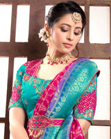 Vishal Prints Hot Pink And Turquoise Silk Weaving Saree With Zari Border And Tassel