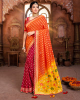 Vishal Prints Orange And Red Silk Weaving Saree With Zari Border And Tassel