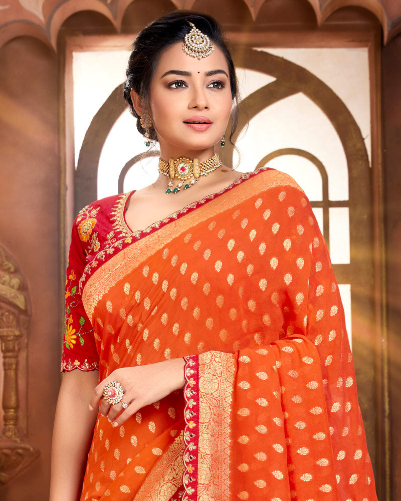 Vishal Prints Orange And Red Silk Weaving Saree With Zari Border And Tassel