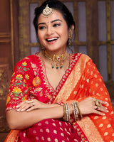 Vishal Prints Orange And Red Silk Weaving Saree With Zari Border And Tassel