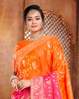 Vishal Prints Orange And Hot Pink Silk Weaving Saree With Zari Border And Tassel