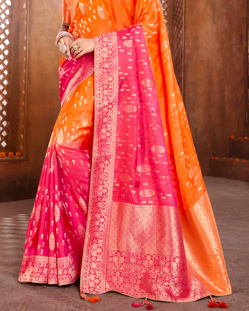 Vishal Prints Orange And Hot Pink Silk Weaving Saree With Zari Border And Tassel