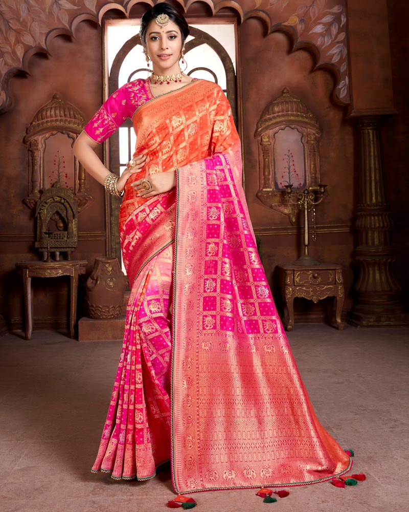 Vishal Prints Hot Pink And Orange Silk Weaving Saree With Zari Border And Tassel