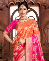 Vishal Prints Hot Pink And Orange Silk Weaving Saree With Zari Border And Tassel