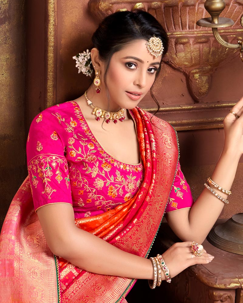 Vishal Prints Hot Pink And Orange Silk Weaving Saree With Zari Border And Tassel