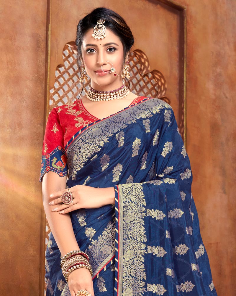 Vishal Prints Dark Blue Silk Weaving Saree With Zari Border And Tassel