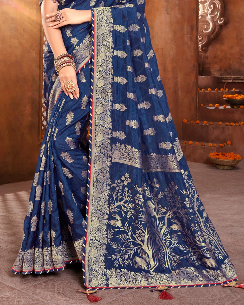Vishal Prints Dark Blue Silk Weaving Saree With Zari Border And Tassel
