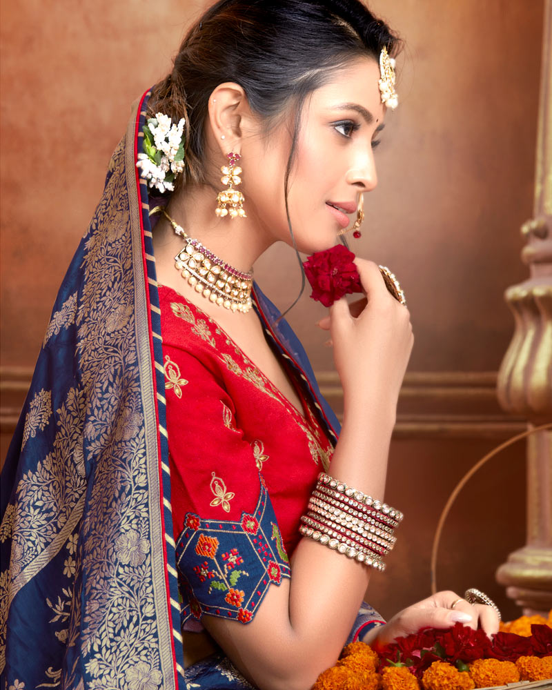 Vishal Prints Dark Blue Silk Weaving Saree With Zari Border And Tassel