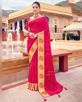 Vishal Prints Red Pink Printed Chiffon Saree With Foil Print, Weaved Viscose Patta And Border