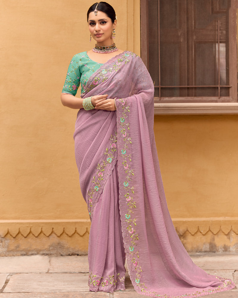 Vishal Prints Light Mauve Designer Chiffon Saree With Diamond Work And Cut Work Embroidery Border