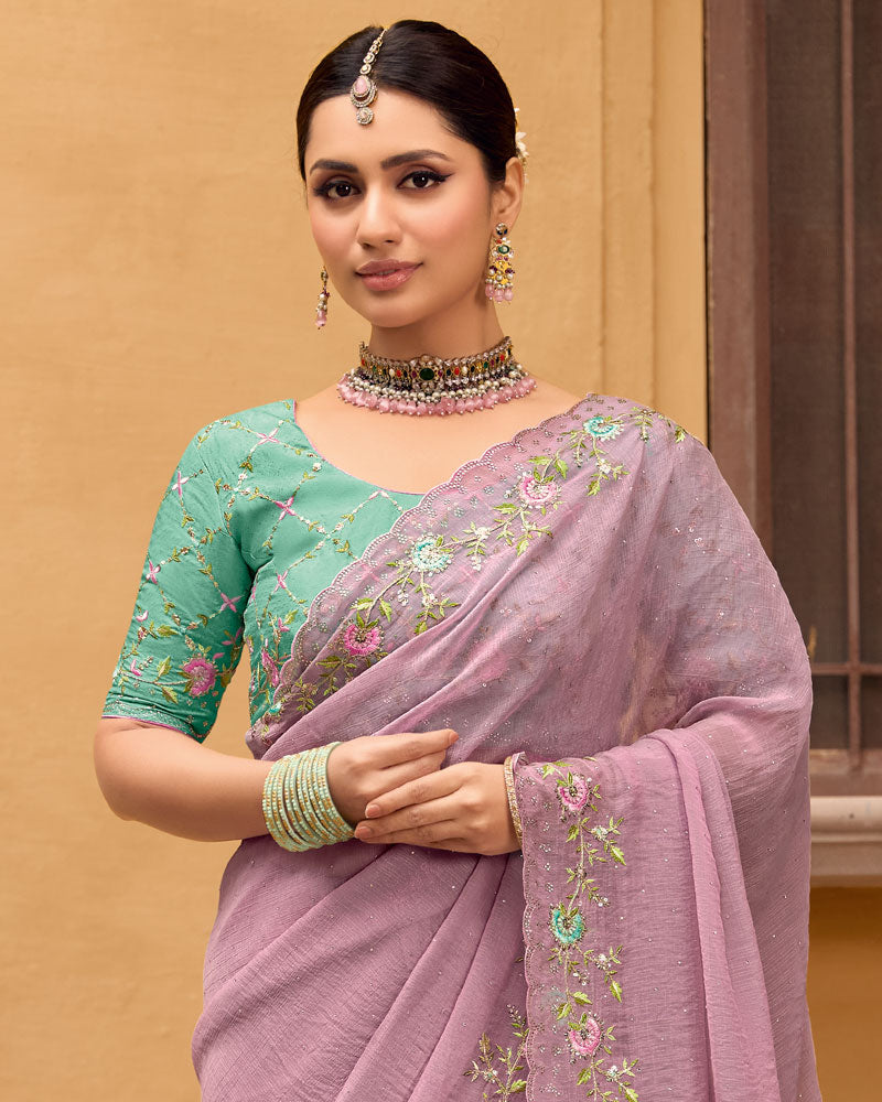Vishal Prints Light Mauve Designer Chiffon Saree With Diamond Work And Cut Work Embroidery Border