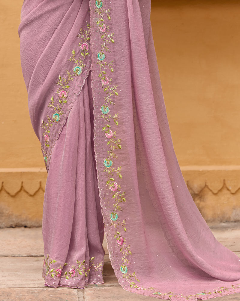 Vishal Prints Light Mauve Designer Chiffon Saree With Diamond Work And Cut Work Embroidery Border