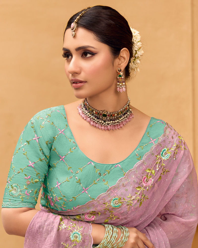 Vishal Prints Light Mauve Designer Chiffon Saree With Diamond Work And Cut Work Embroidery Border
