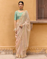 Vishal Prints Cream Designer Chiffon Saree With Diamond Work And Cut Work Embroidery Border