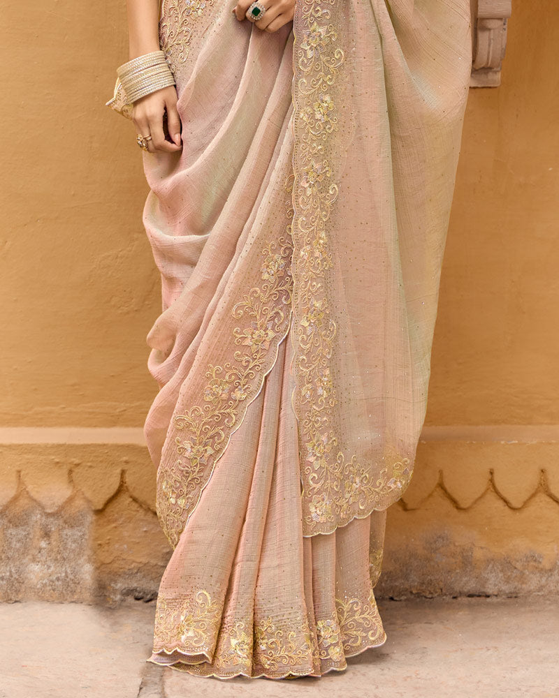 Vishal Prints Cream Designer Chiffon Saree With Diamond Work And Cut Work Embroidery Border