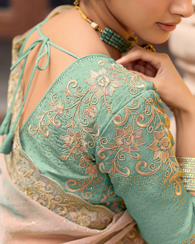 Vishal Prints Cream Designer Chiffon Saree With Diamond Work And Cut Work Embroidery Border