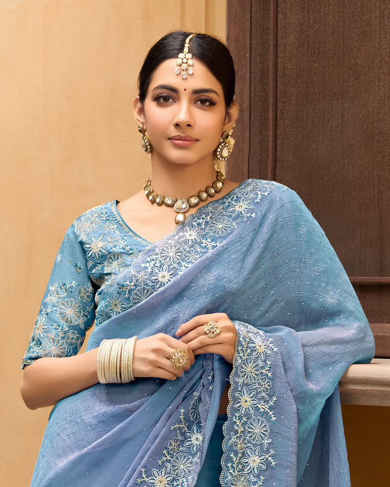 Vishal Prints Steel Blue Designer Chiffon Saree With Diamond Work And Cut Work Embroidery Border
