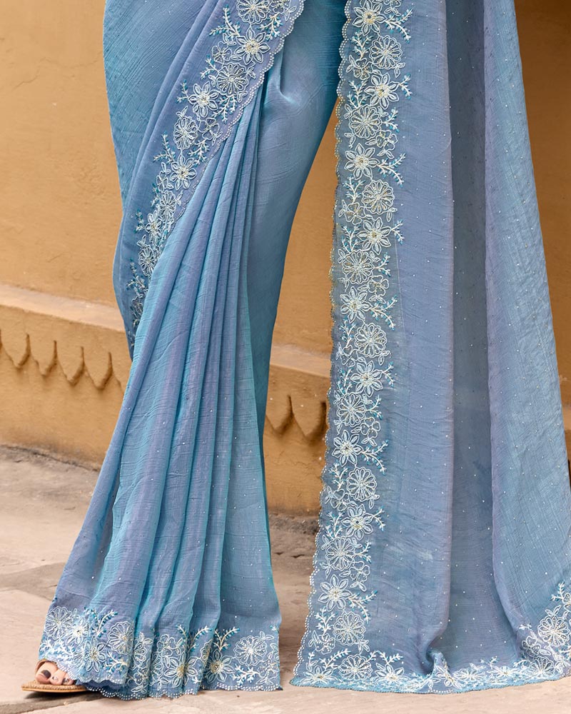 Vishal Prints Steel Blue Designer Chiffon Saree With Diamond Work And Cut Work Embroidery Border