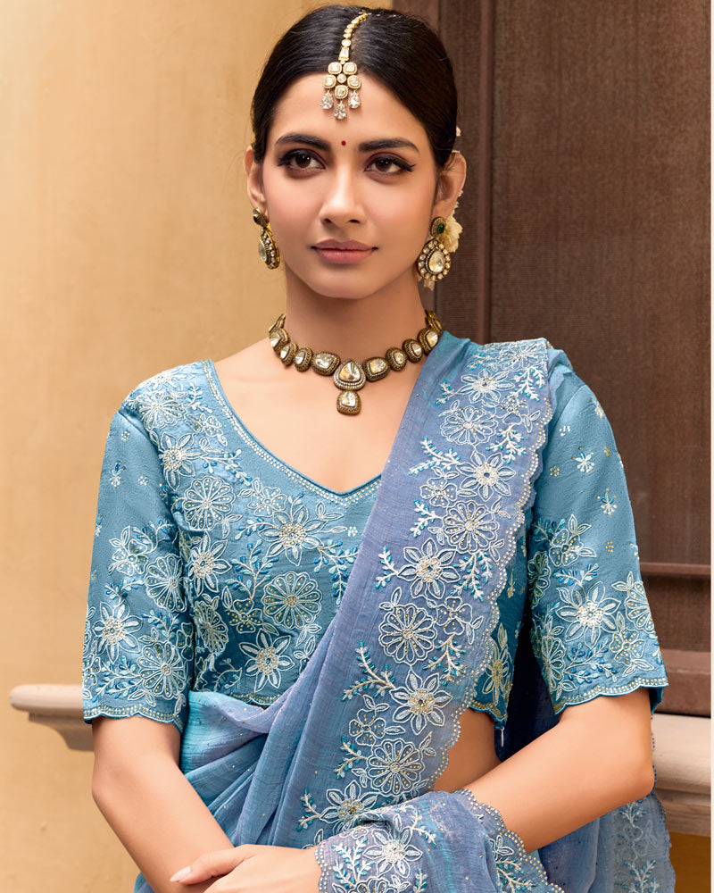 Vishal Prints Steel Blue Designer Chiffon Saree With Diamond Work And Cut Work Embroidery Border