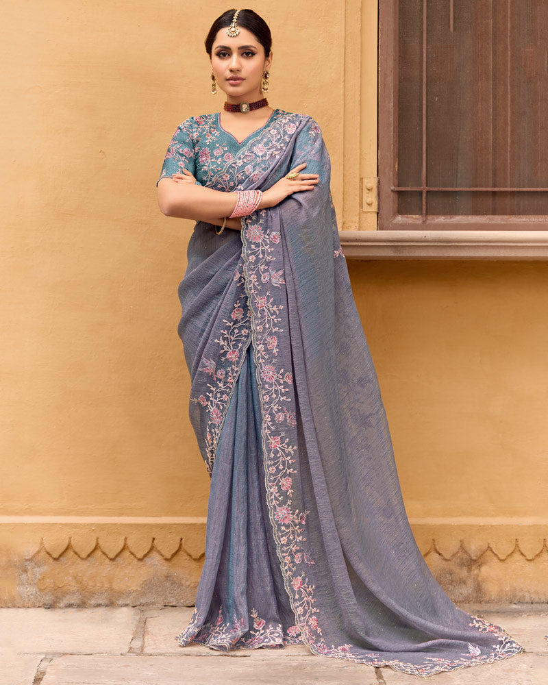 Vishal Prints Purplish Grey Designer Chiffon Saree With Diamond Work And Cut Work Embroidery Border