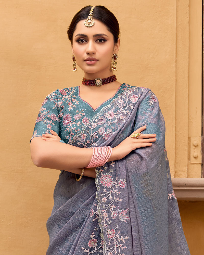 Vishal Prints Purplish Grey Designer Chiffon Saree With Diamond Work And Cut Work Embroidery Border