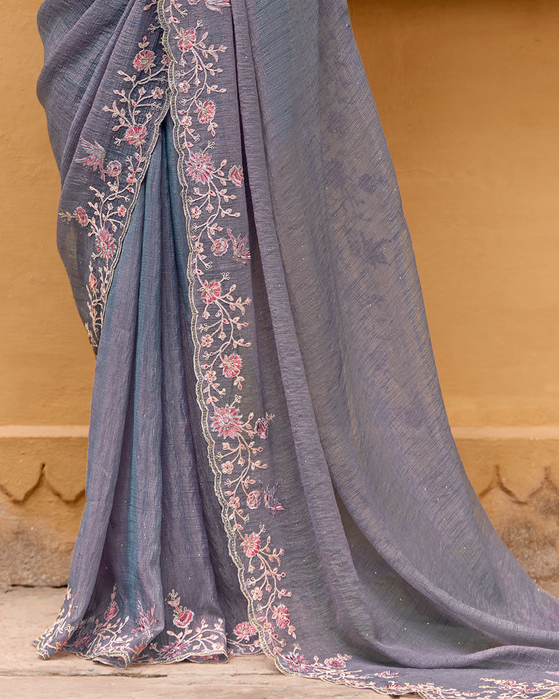 Vishal Prints Purplish Grey Designer Chiffon Saree With Diamond Work And Cut Work Embroidery Border