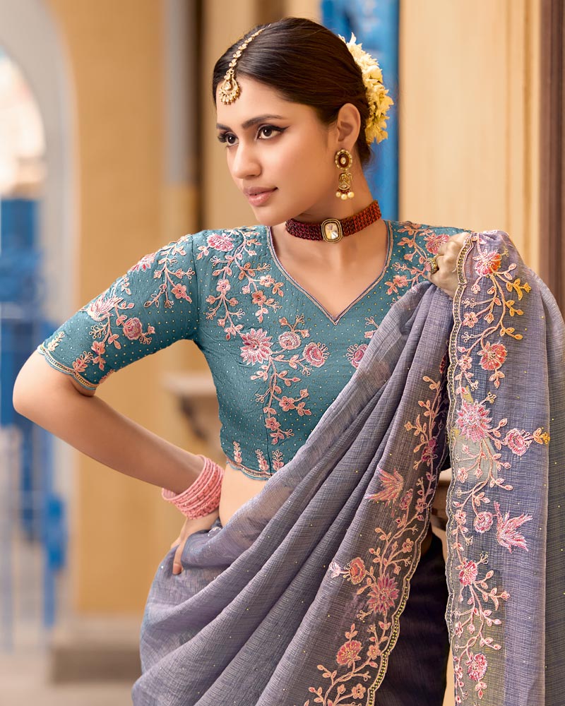 Vishal Prints Purplish Grey Designer Chiffon Saree With Diamond Work And Cut Work Embroidery Border