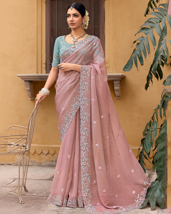 Vishal Prints Light Peach Designer Chiffon Saree With Diamond Work And Cut Work Embroidery Border