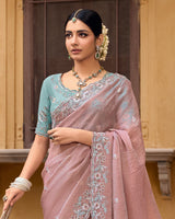 Vishal Prints Light Peach Designer Chiffon Saree With Diamond Work And Cut Work Embroidery Border