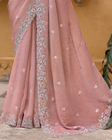Vishal Prints Light Peach Designer Chiffon Saree With Diamond Work And Cut Work Embroidery Border