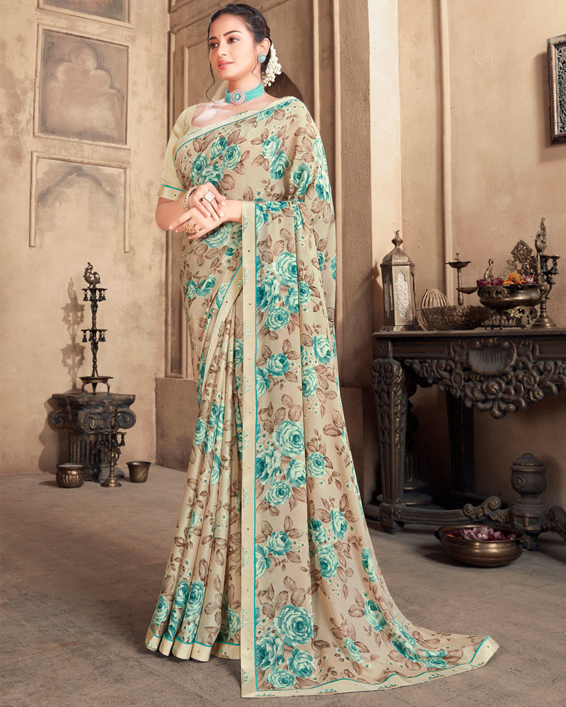 Vishal Prints Cream Criva Crepe Saree With Zari Border