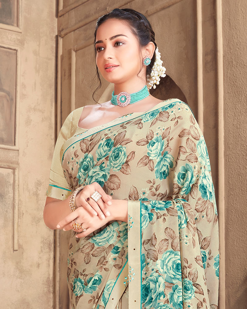 Vishal Prints Cream Criva Crepe Saree With Zari Border