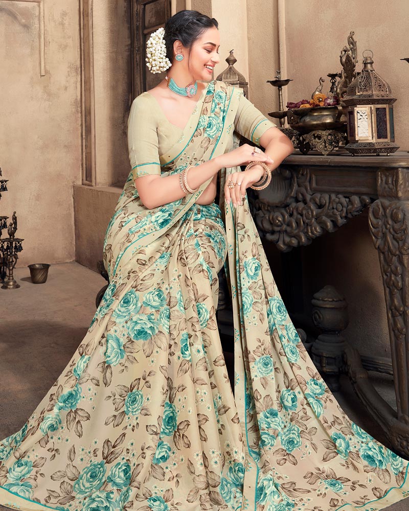 Vishal Prints Cream Criva Crepe Saree With Zari Border