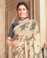 Vishal Prints Cream Criva Crepe Saree With Zari Border