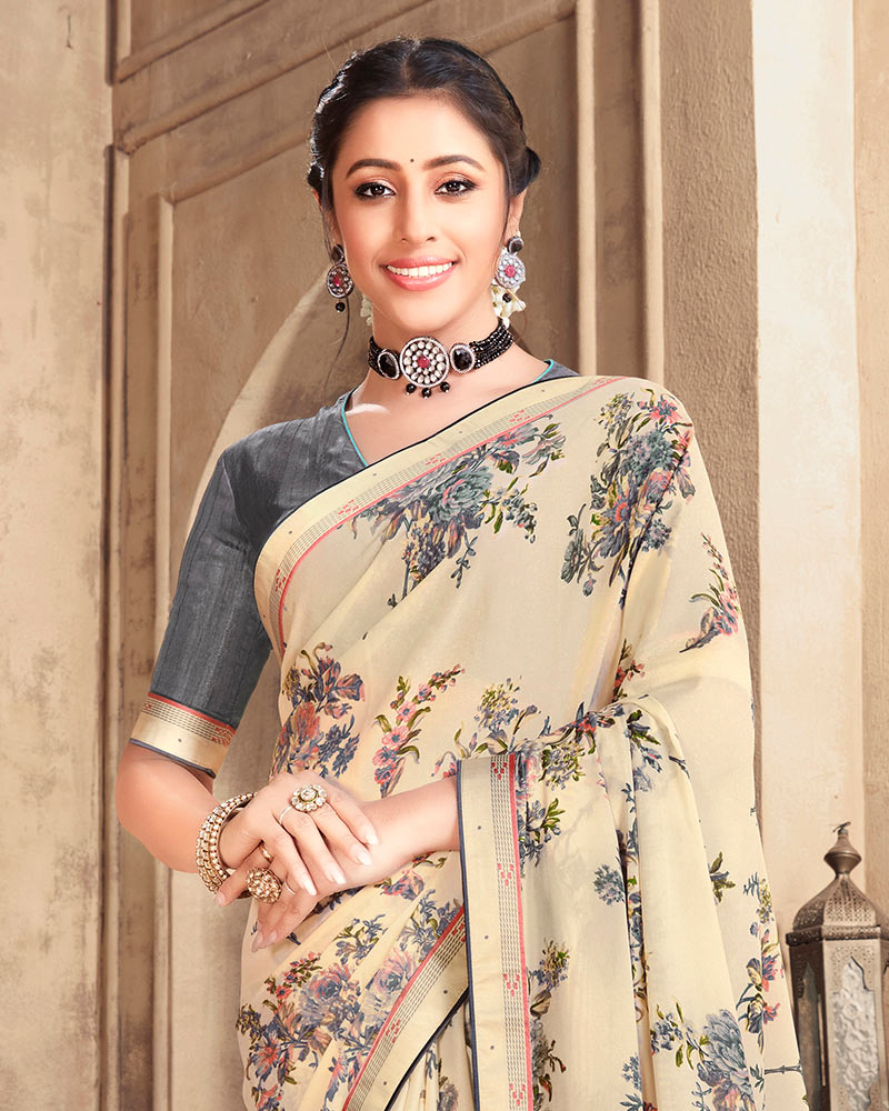 Vishal Prints Cream Criva Crepe Saree With Zari Border