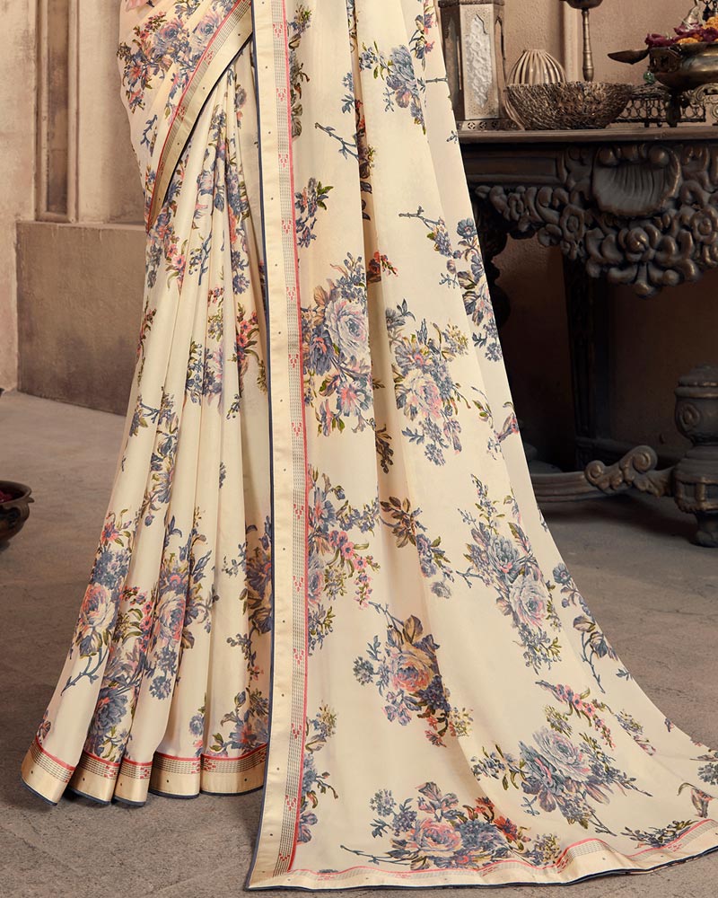 Vishal Prints Cream Criva Crepe Saree With Zari Border