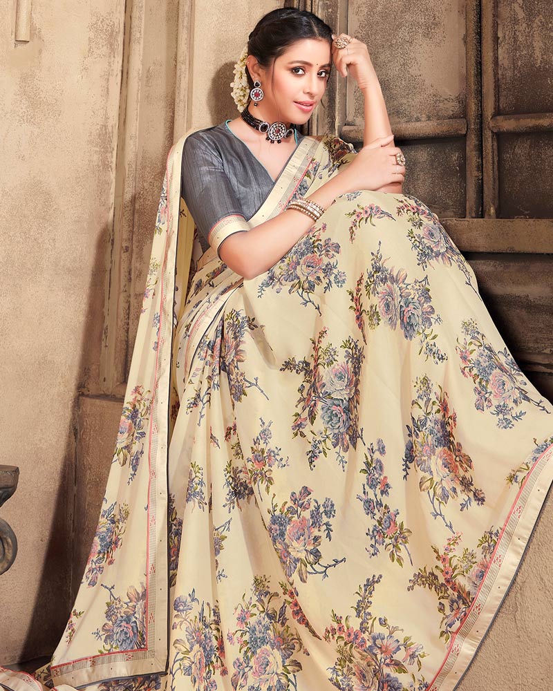 Vishal Prints Cream Criva Crepe Saree With Zari Border