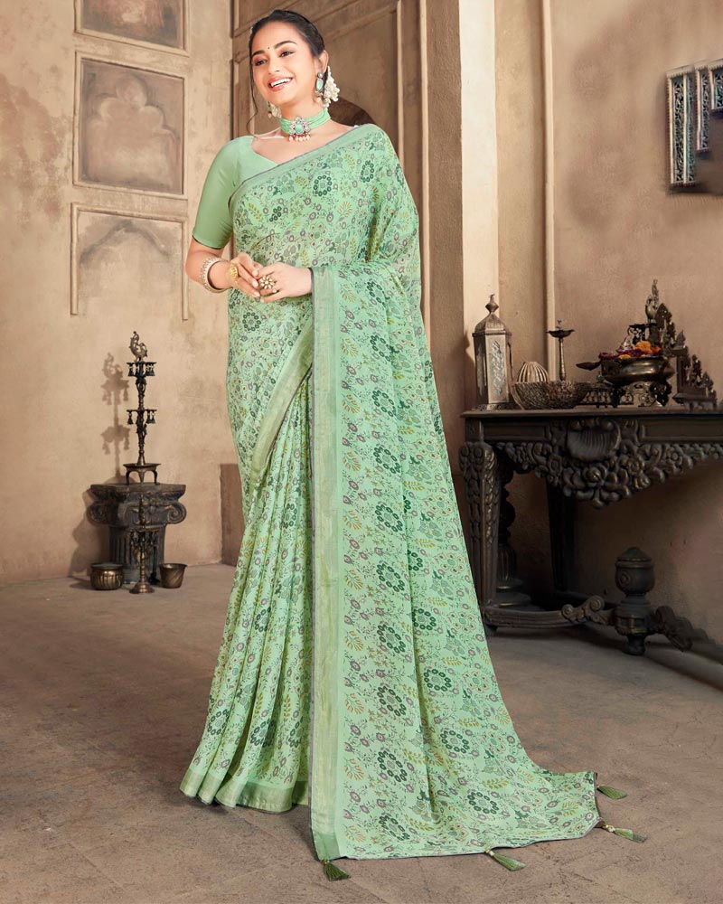 Vishal Prints Dark Sea Green Criva Crepe Saree With Zari Border