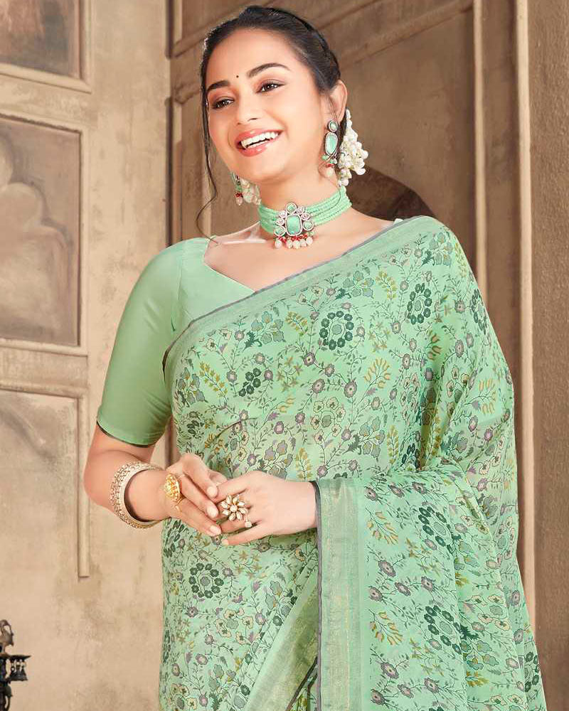 Vishal Prints Dark Sea Green Criva Crepe Saree With Zari Border