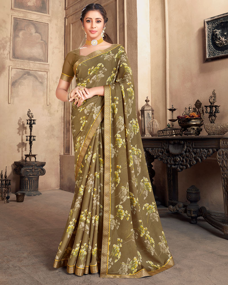 Vishal Prints Dusty Brown Criva Crepe Saree With Zari Border