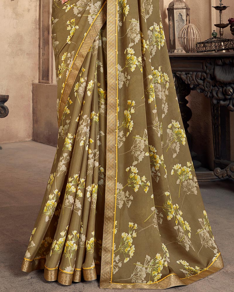 Vishal Prints Dusty Brown Criva Crepe Saree With Zari Border
